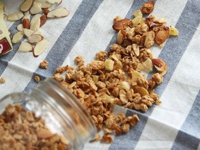 Granola and nuts on a table cloth